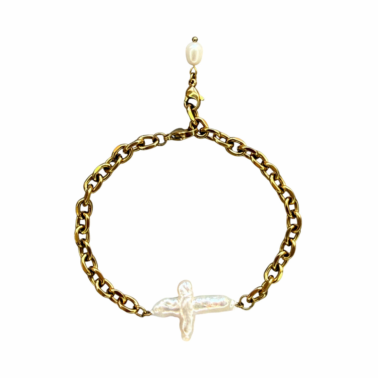 Pearl Cross Gold Chain Bracelet