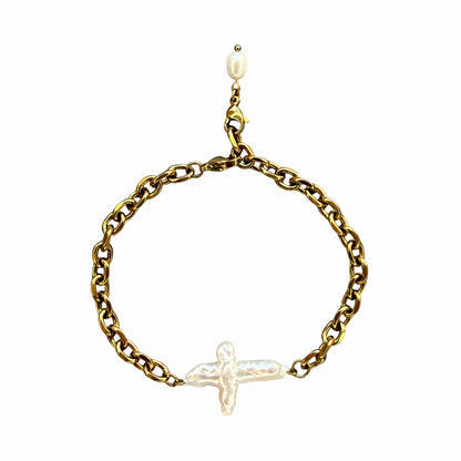 Pearl Cross Gold Chain Bracelet