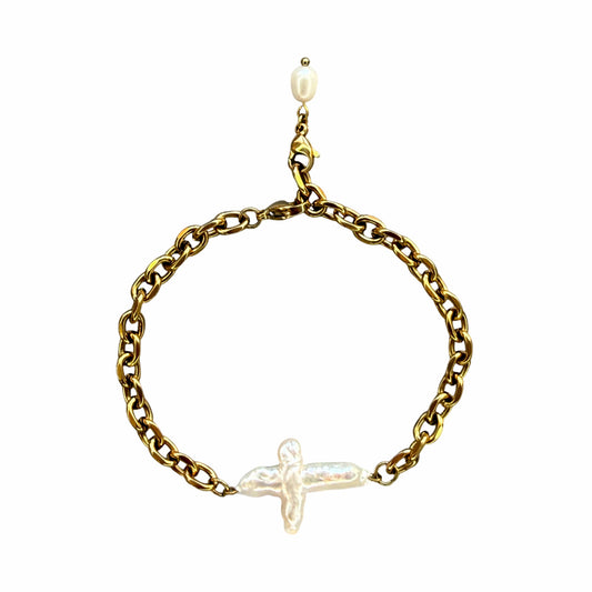 Pearl Cross Gold Chain Bracelet