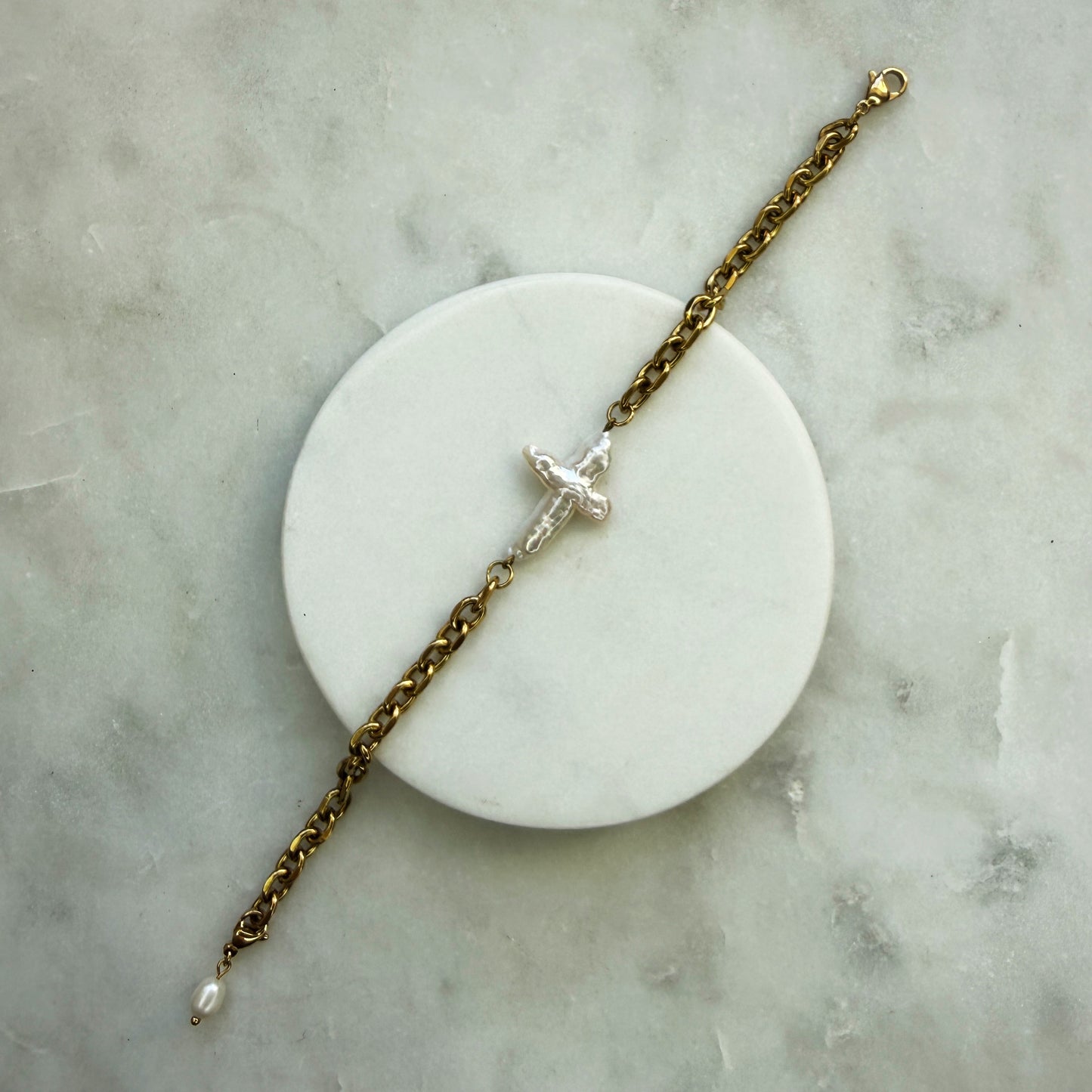 Pearl Cross Gold Chain Bracelet
