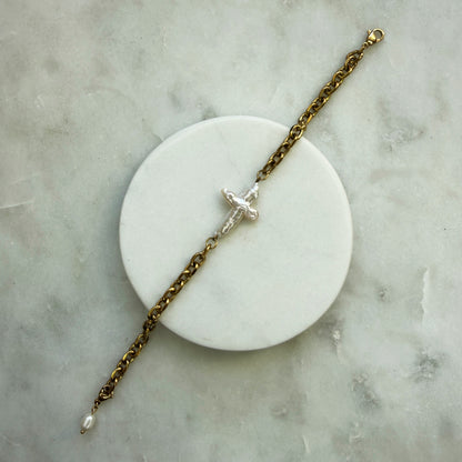 Pearl Cross Gold Chain Bracelet