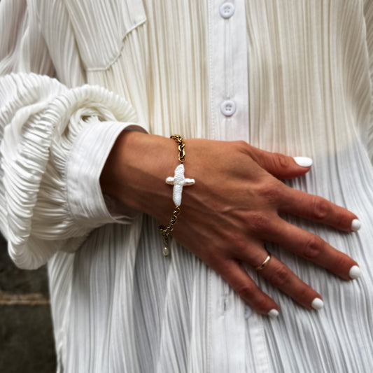 Pearl Cross Gold Chain Bracelet