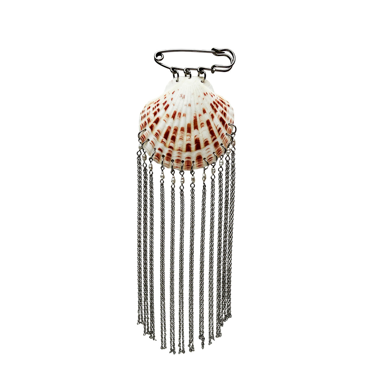 Brooch - Scallop Shell With Silver Fringe with Pearls