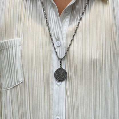 Silver Aztec Calendar Coin Pendant