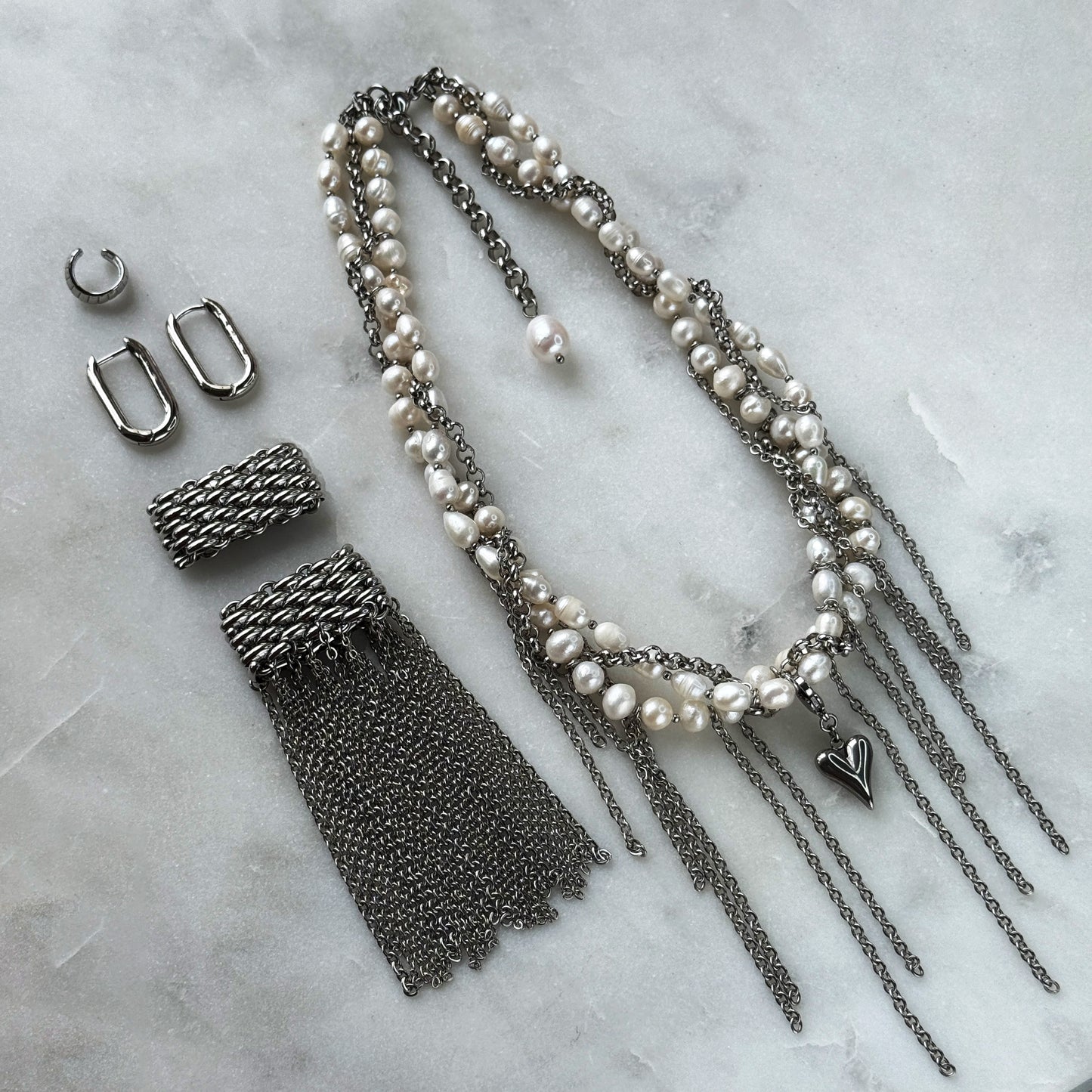 Silver Set - Pearl Heart