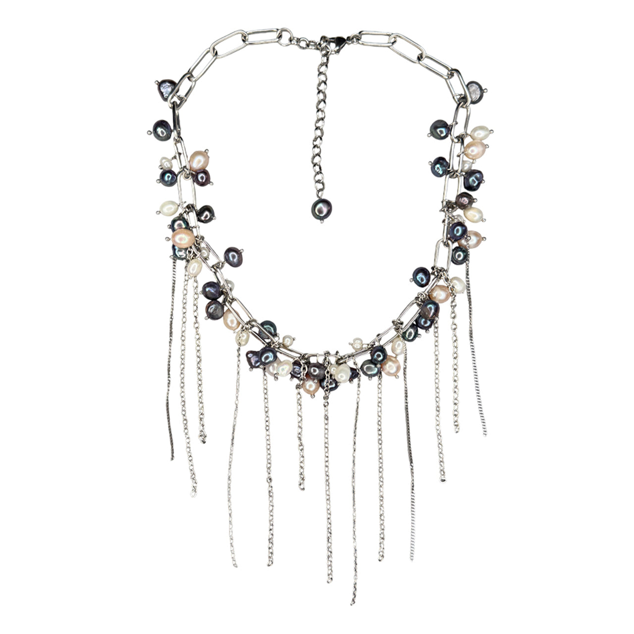 Three-Color Pearl Necklace with Chain Fringe