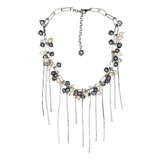 Three-Color Pearl Necklace with Chain Fringe