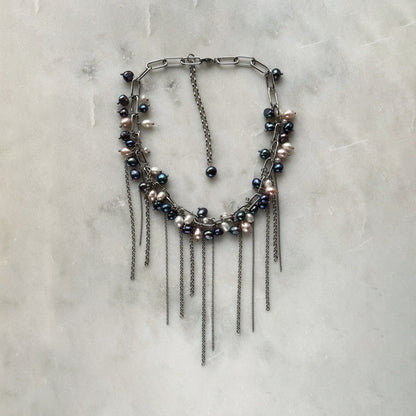 Three-Color Pearl Necklace with Chain Fringe