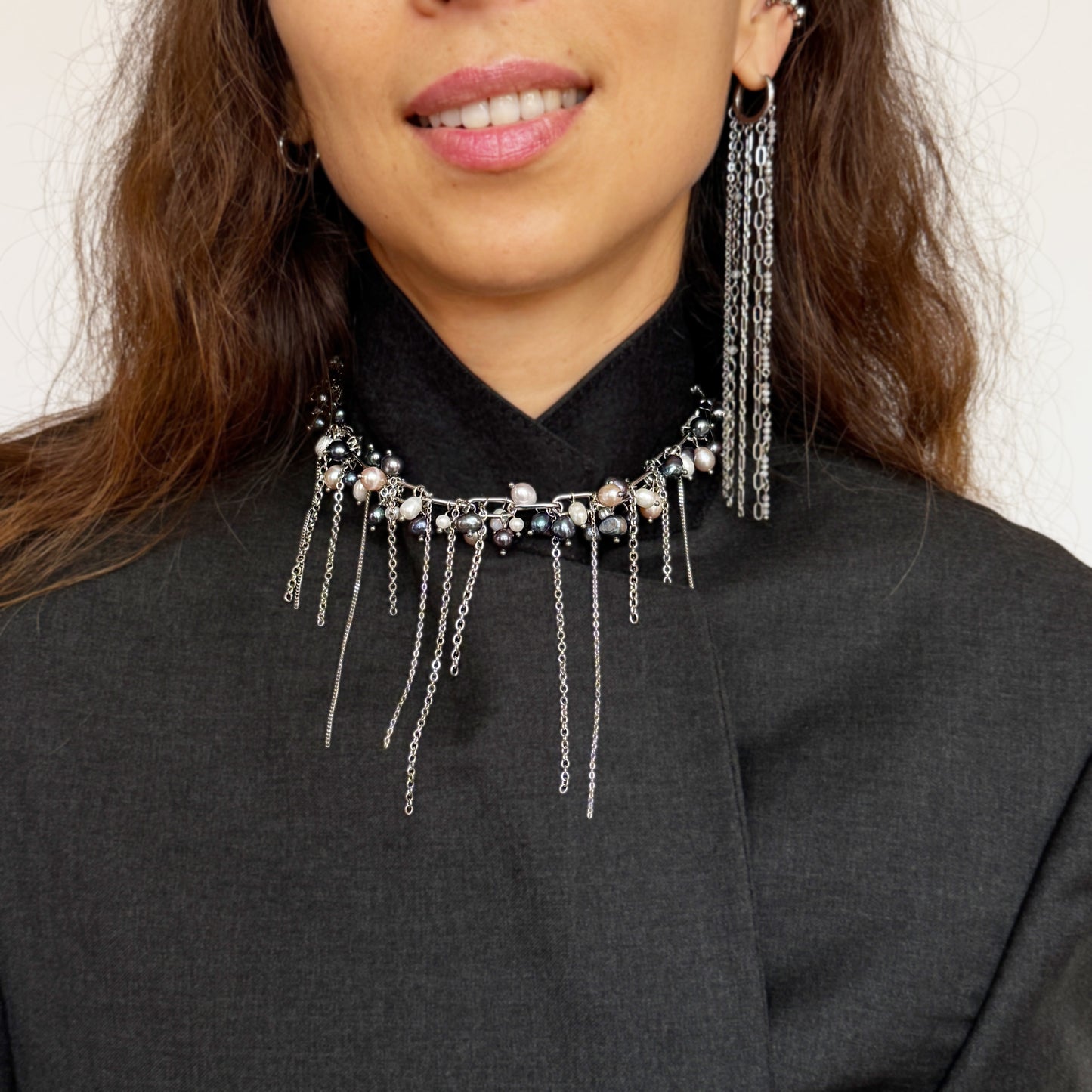 Three-Color Pearl Necklace with Chain Fringe