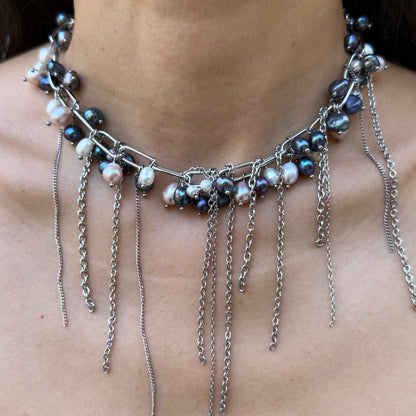 Three-Color Pearl Necklace with Chain Fringe