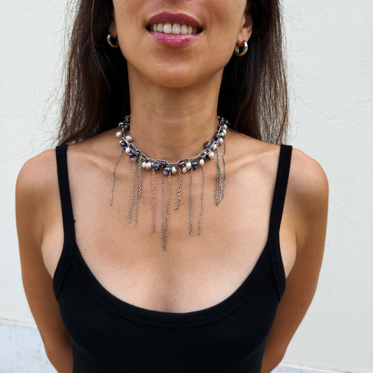 Three-Color Pearl Necklace with Chain Fringe