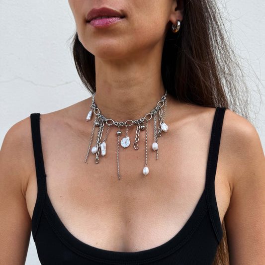 White Pearl Fringe Necklace