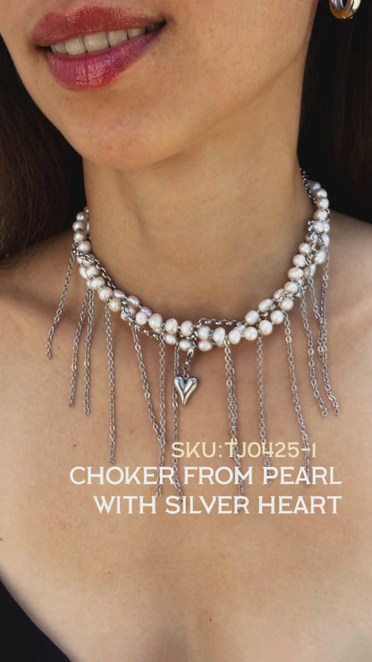 Choker From Pearl With Silver Heart