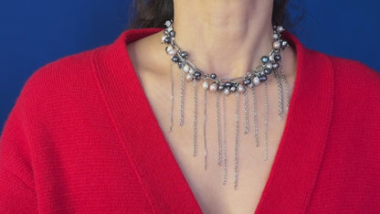 Three-Color Pearl Necklace with Chain Fringe