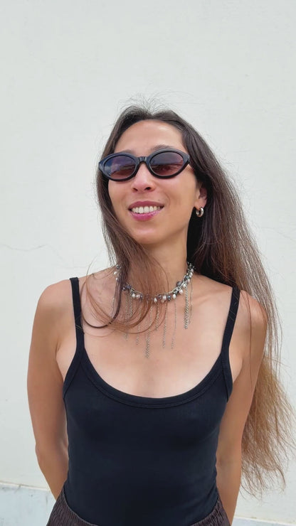 Three-Color Pearl Necklace with Chain Fringe